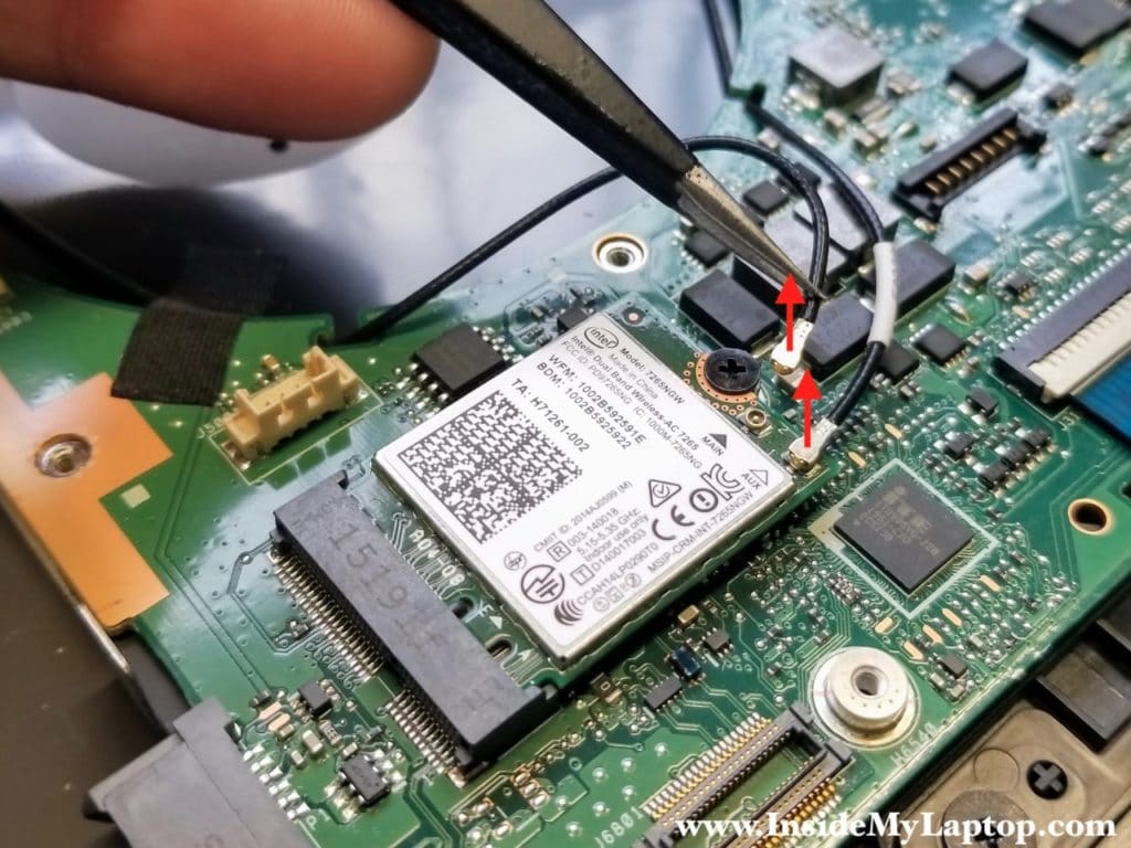 Disconnect wireless antenna cables from WLAN card