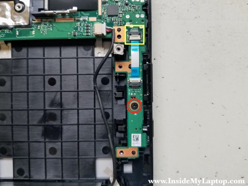 Remove one screw and disconnect cable for power button volume control board
