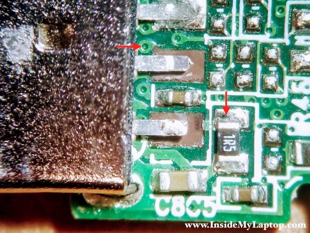 Trace where damaged pads connected to circuit board