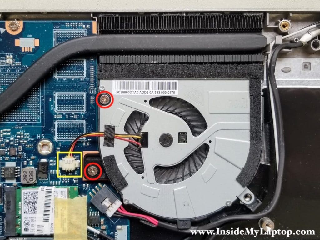 Remove two fan screws and unplug cable