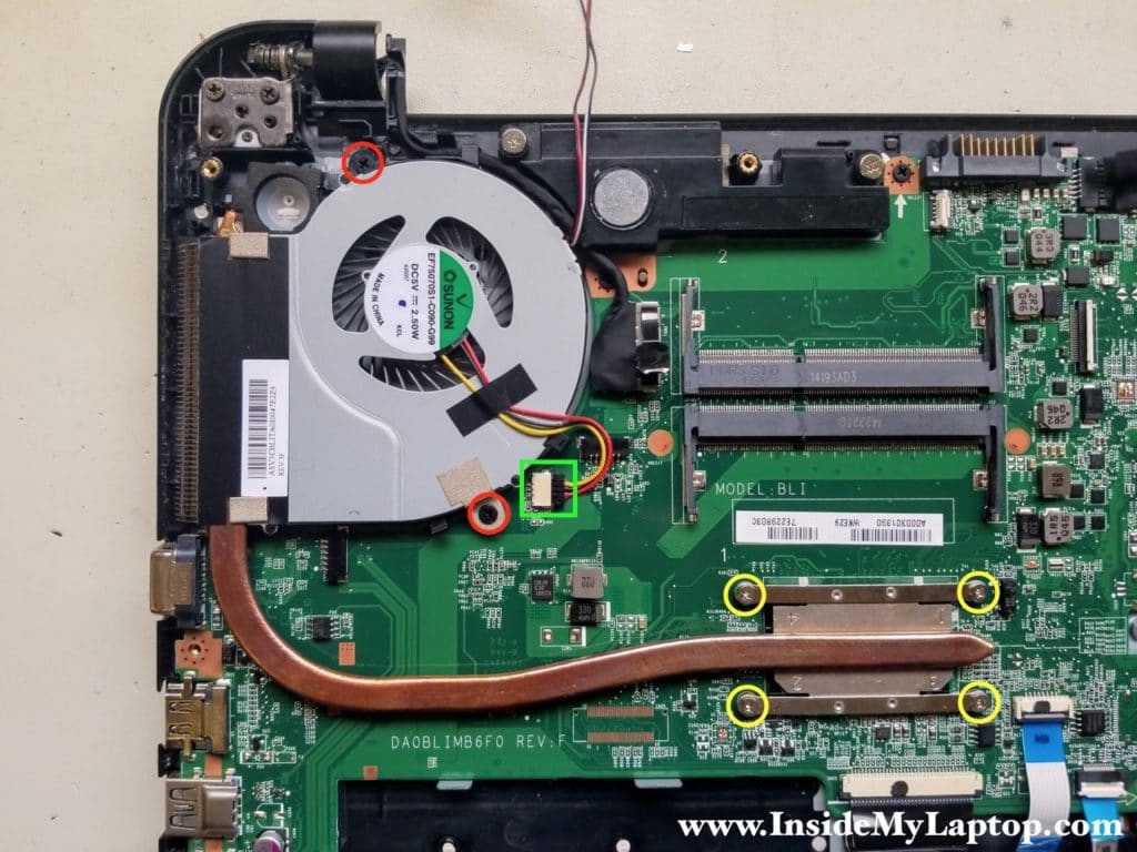 Remove screws securing fan heatsink and disconnect cable