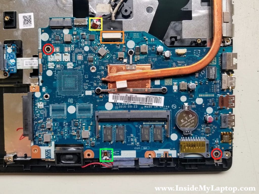 Disconnect motherboard cables and remove two screws