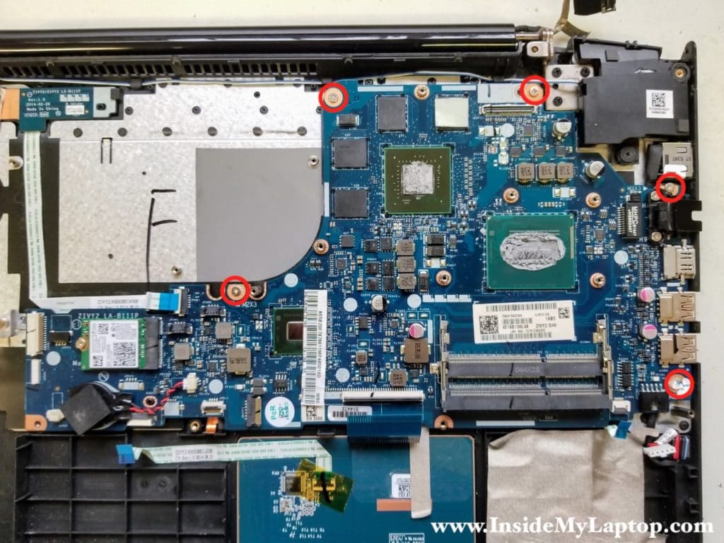 Remove five screws fastening motherboard