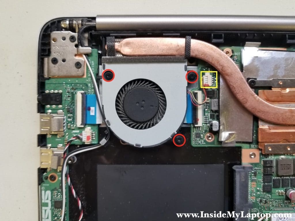 Remove right fan screws and disconnect fan cable