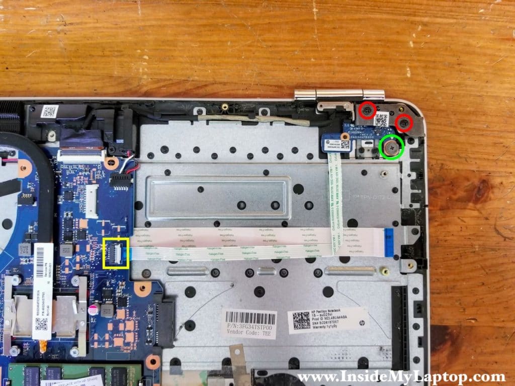 Remove screws from the left display hinge and power button board. Disconnect the cable.