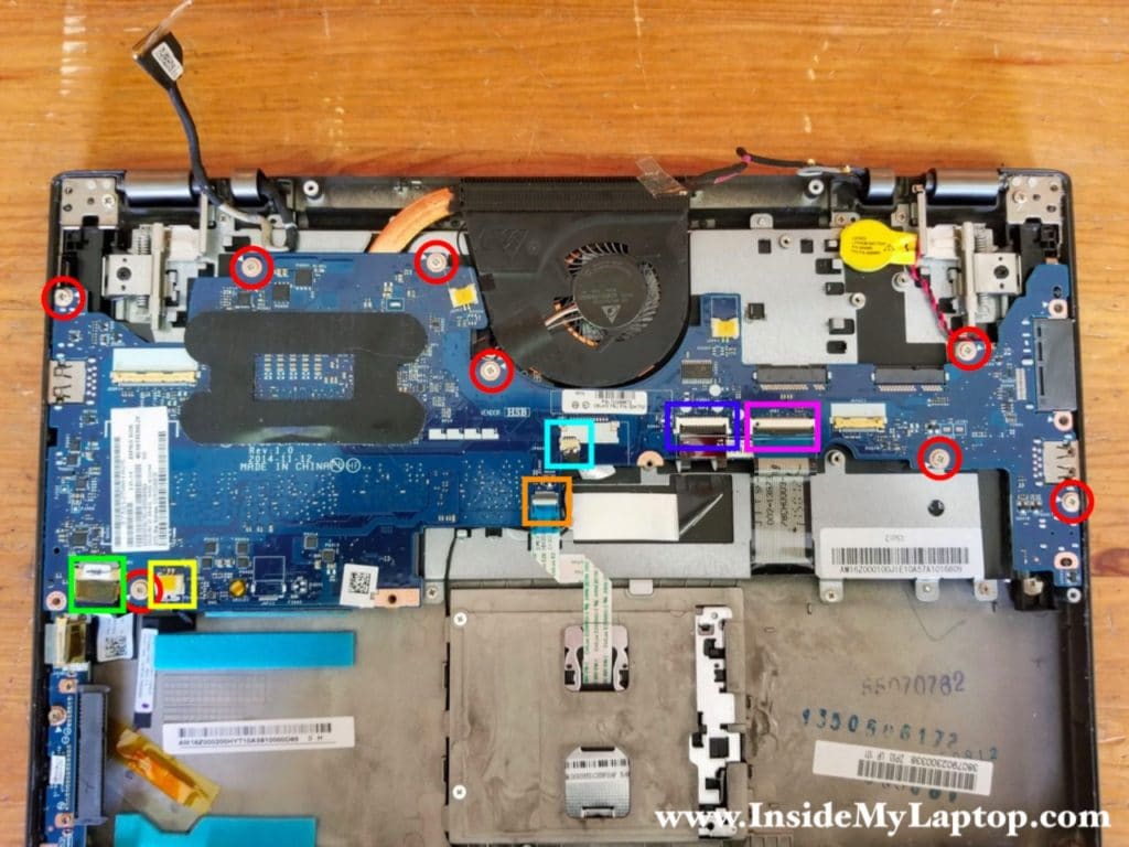 Remove eight screws securing the motherboard to the palmrest assembly and disconnect cables.