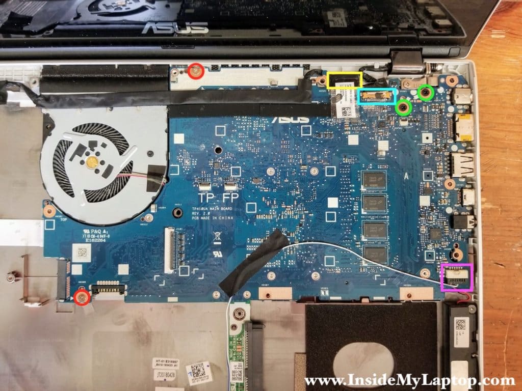 Remove all motherboard screws and disconnect three cables.