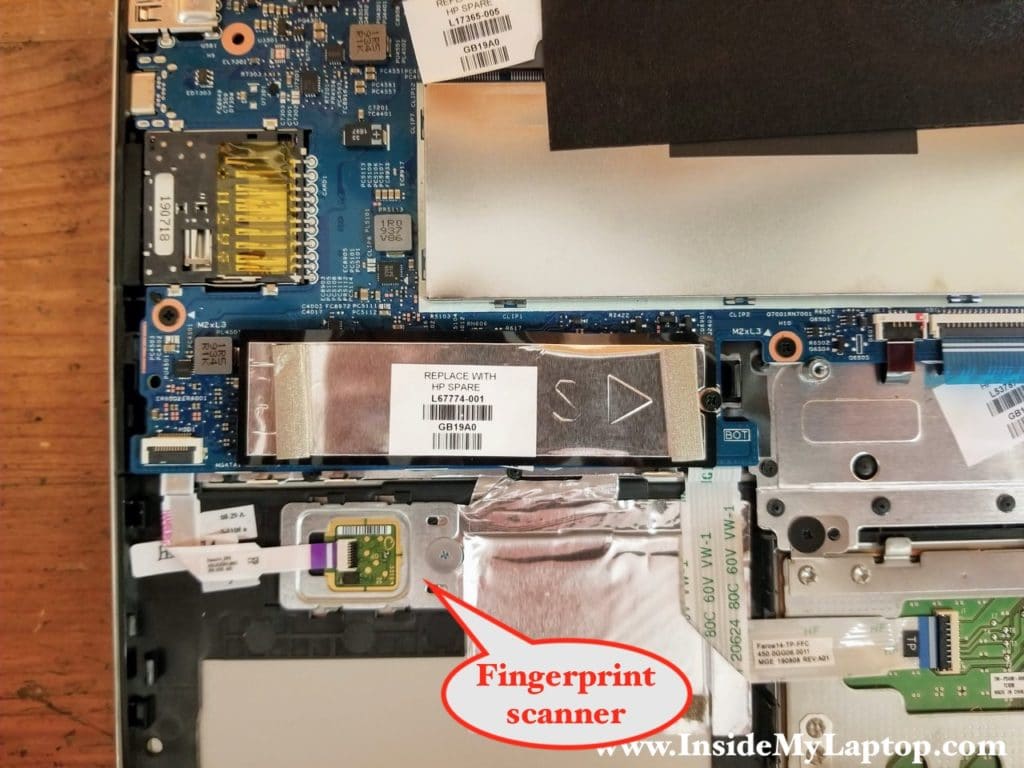 Under the hard drive place holder you can access the finger scanner.