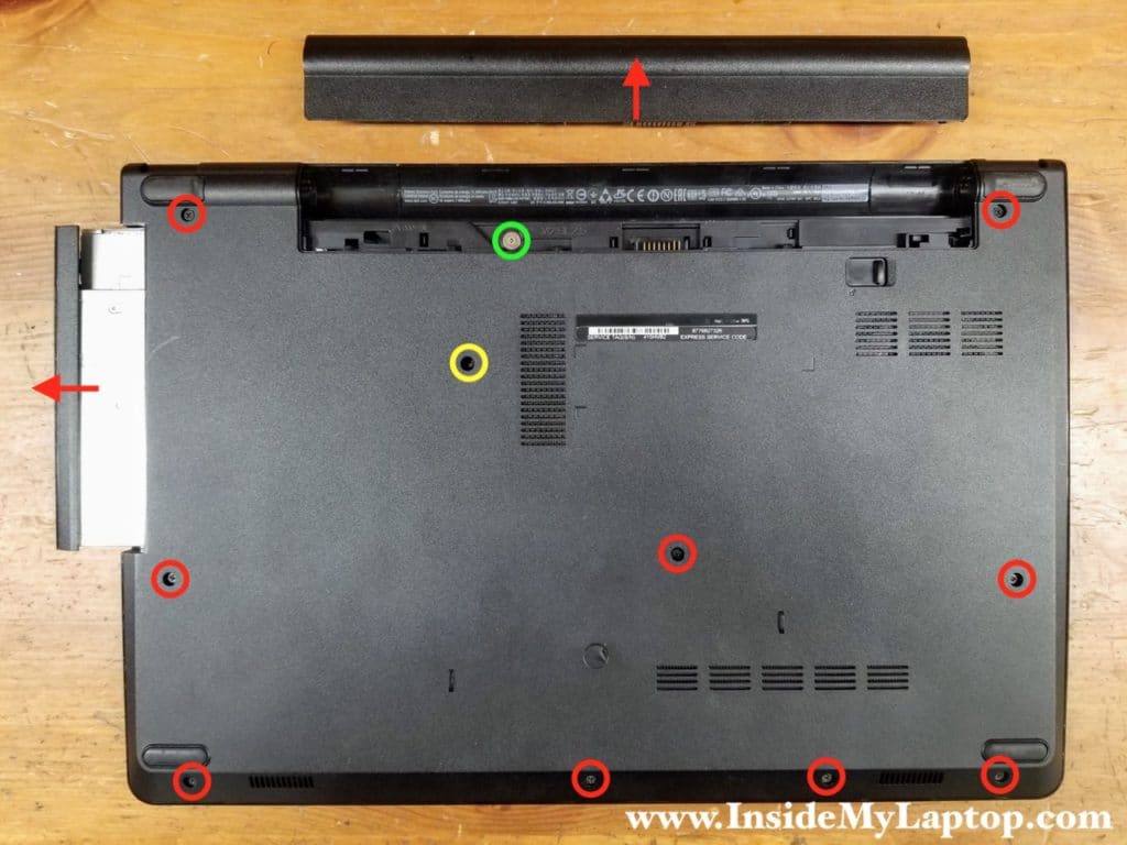 Remove the battery. Remove all screws from the base cover. Pull the CD/DVD drive out.