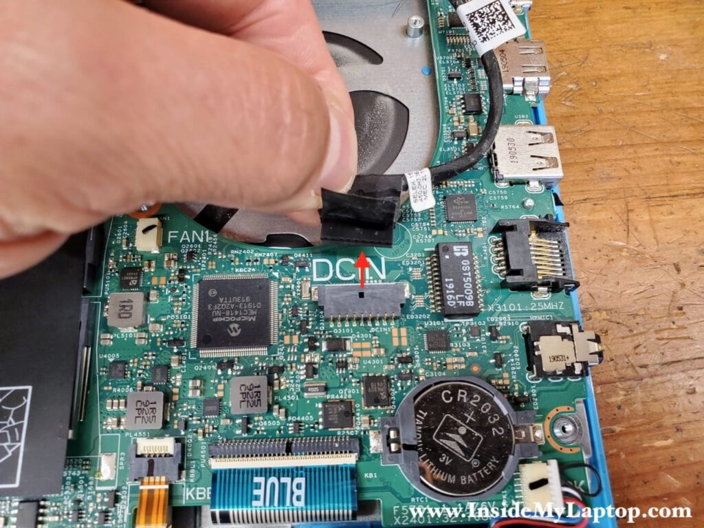 Disconnect the DC jack cable from the motherboard.